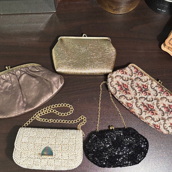 Vintage Handbags - VINTAGE Set of 5 formal clutch handbags. One is black satin with sequence, one i